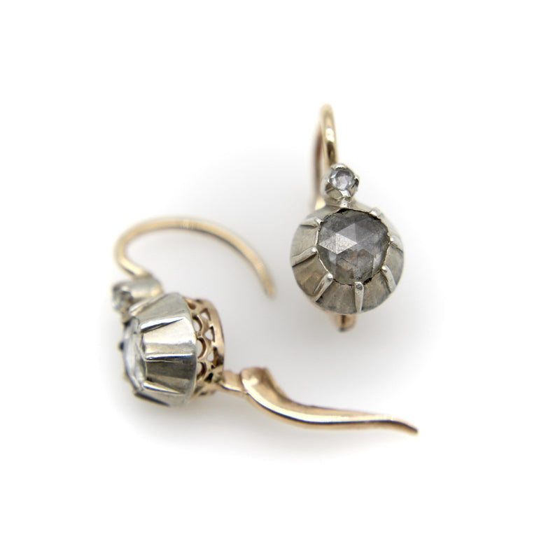14K Gold and Silver Victorian Rose Cut Diamond Collet Set Dormeuse Earrings jewelry Kirsten's Corner 