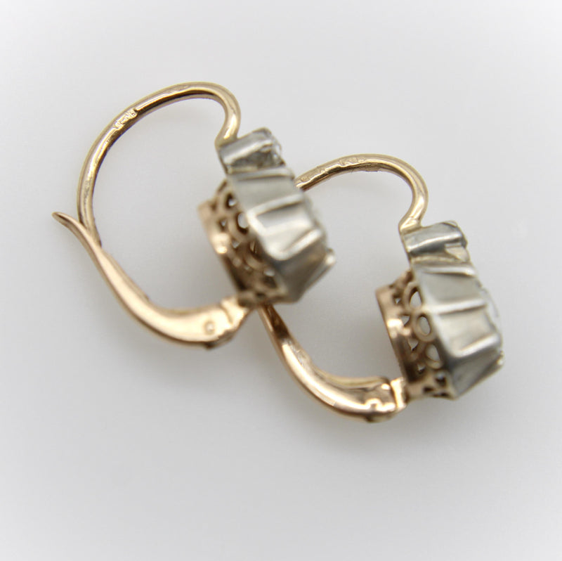 14K Gold and Silver Victorian Rose Cut Diamond Collet Set Dormeuse Earrings jewelry Kirsten's Corner 