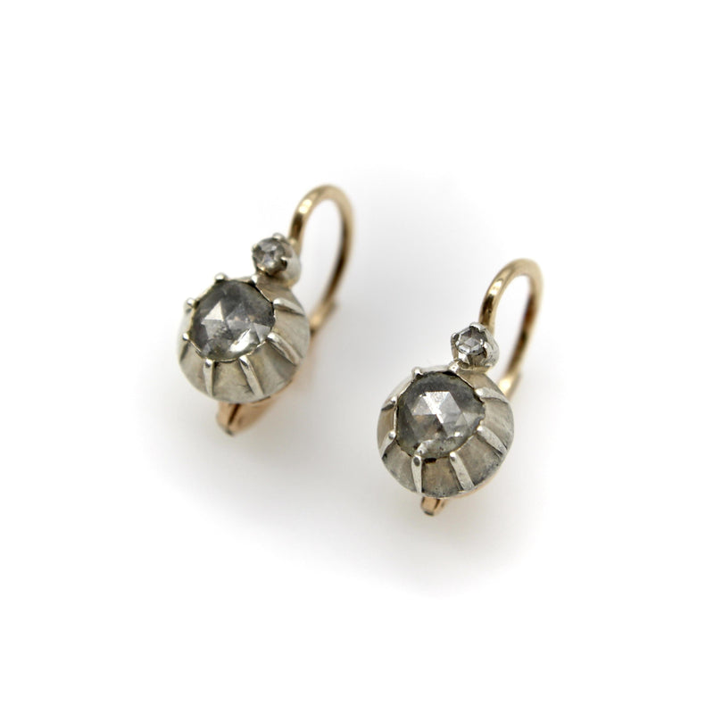 14K Gold and Silver Victorian Rose Cut Diamond Collet Set Dormeuse Earrings jewelry Kirsten's Corner 