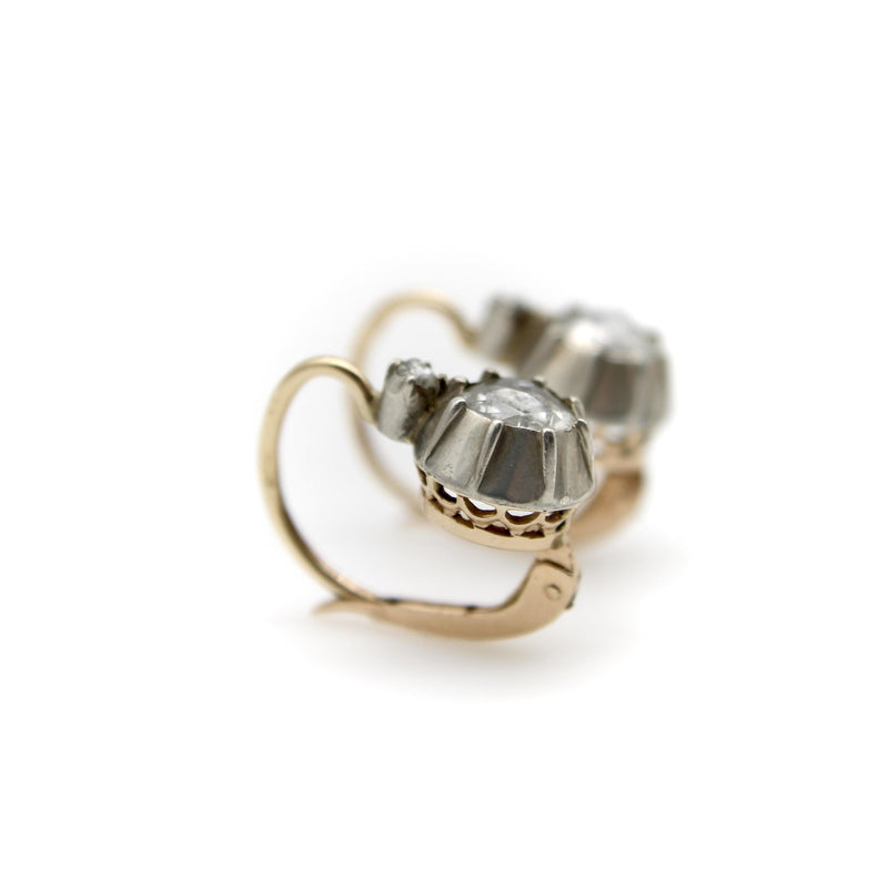 14K Gold and Silver Victorian Rose Cut Diamond Collet Set Dormeuse Earrings jewelry Kirsten's Corner 