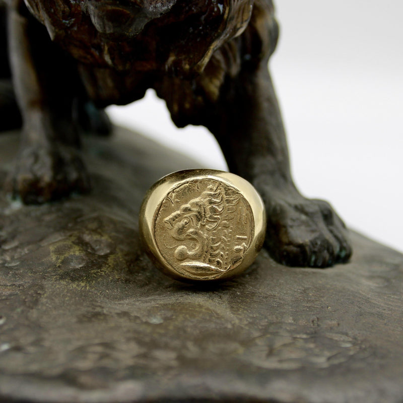 Vintage 14K Gold Lion-Headed Coin Signet Ring jewelry Kirsten's Corner 