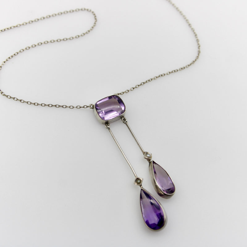 Edwardian Amethyst and Seed Pearl Sterling Silver Negligee Necklace jewelry Kirsten's Corner 