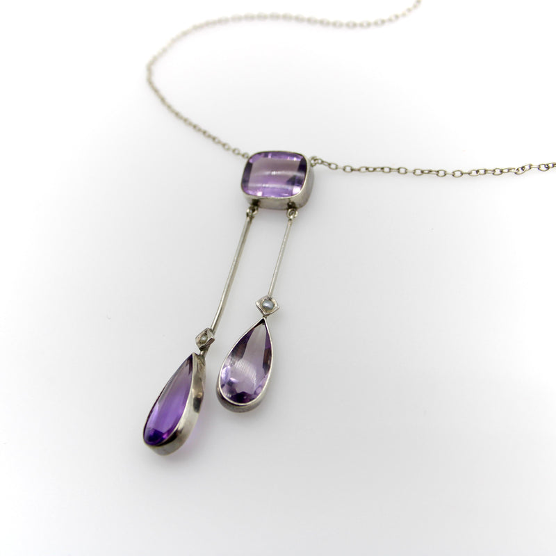 Edwardian Amethyst and Seed Pearl Sterling Silver Negligee Necklace jewelry Kirsten's Corner 