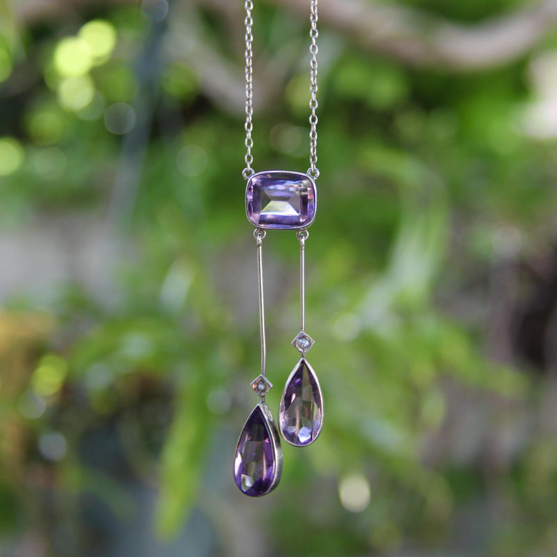 Edwardian Amethyst and Seed Pearl Sterling Silver Negligee Necklace jewelry Kirsten's Corner 