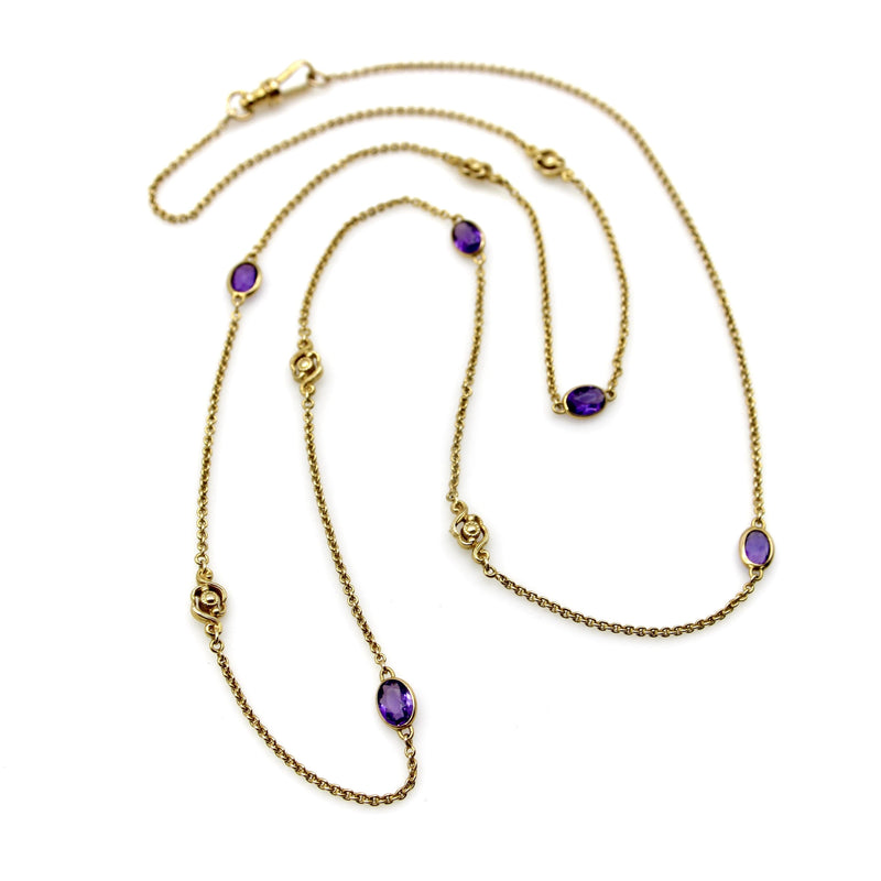 Edwardian 14K Gold Amethyst and Floral Station Chain jewelry Kirsten's Corner 