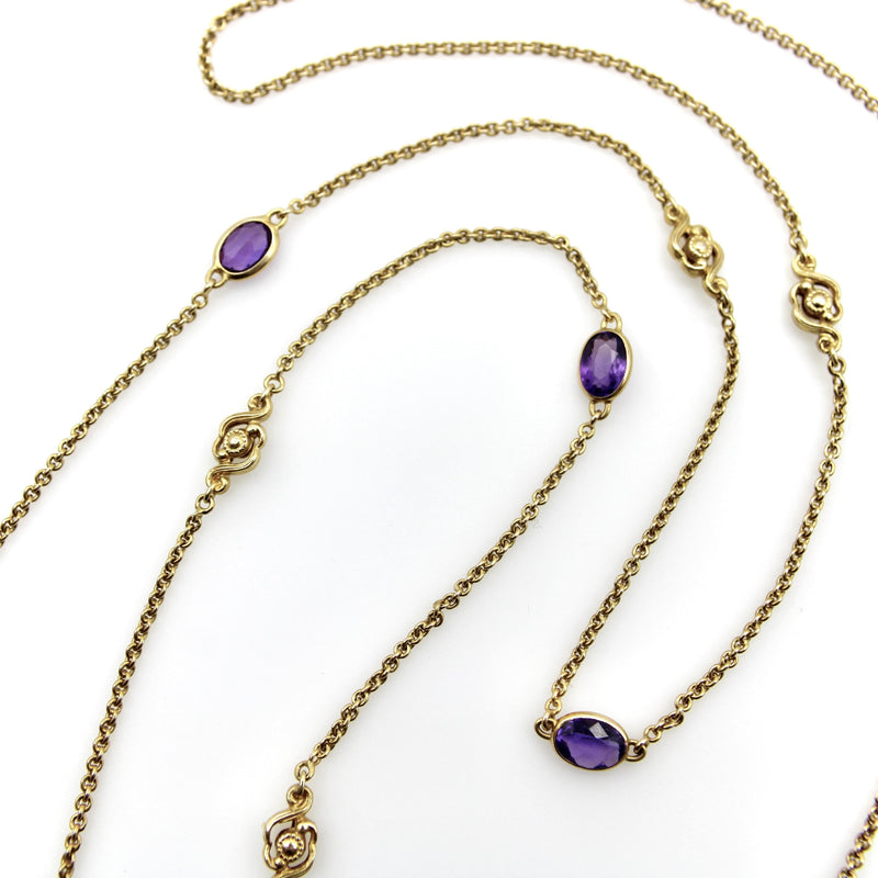 Edwardian 14K Gold Amethyst and Floral Station Chain jewelry Kirsten's Corner 