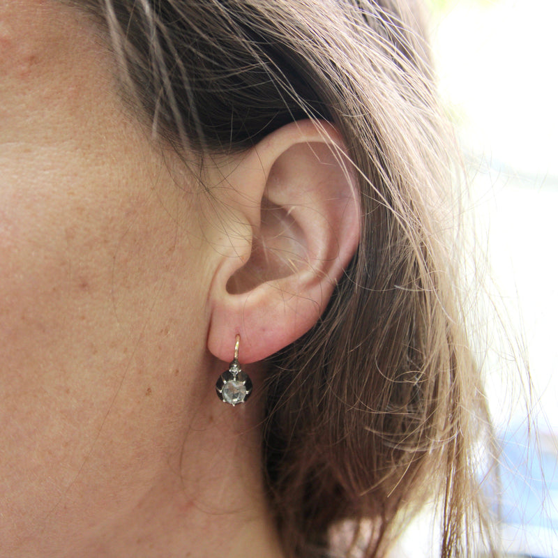 14K Gold and Silver Victorian Rose Cut Diamond Collet Set Dormeuse Earrings jewelry Kirsten's Corner 
