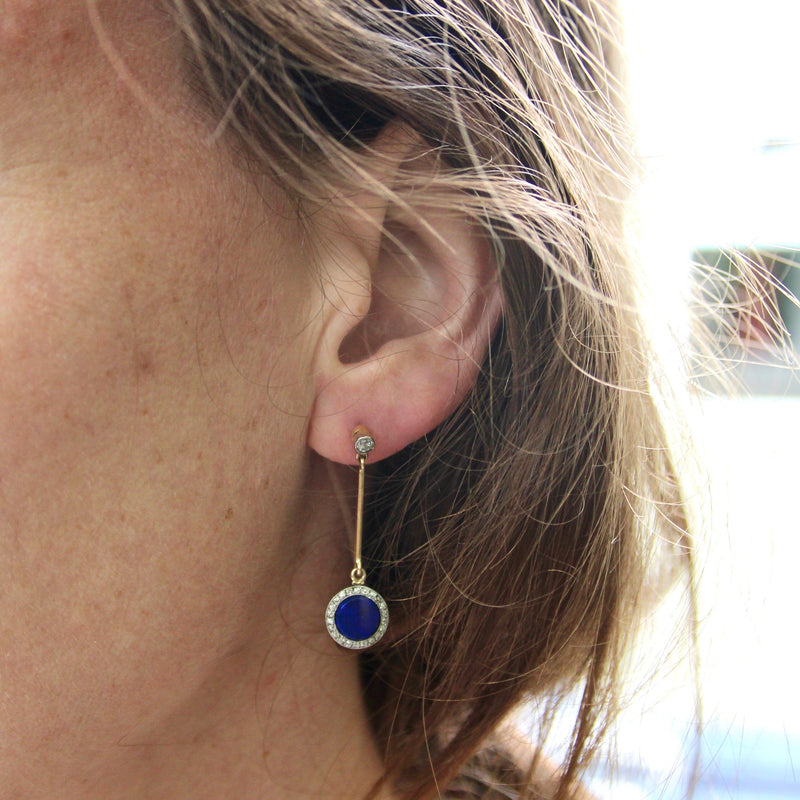 Art Deco 14K Gold and Platinum Diamond and Lapis Dangle Earrings jewelry Kirsten's Corner 