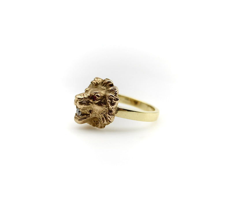 Victorian 14K Gold Lion Ring with Diamond in Mouth and Garnet Eyes RING Kirsten's Corner 