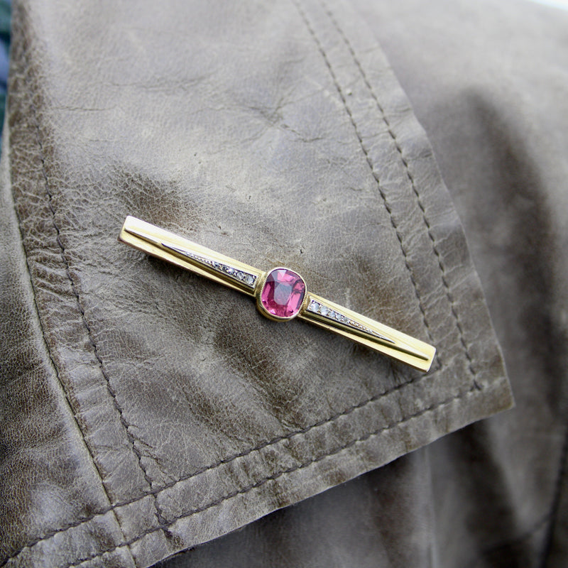 French 18K Gold Brooch with Bezel Set Tourmaline and Diamonds Brooches, Pins Kirsten's Corner 