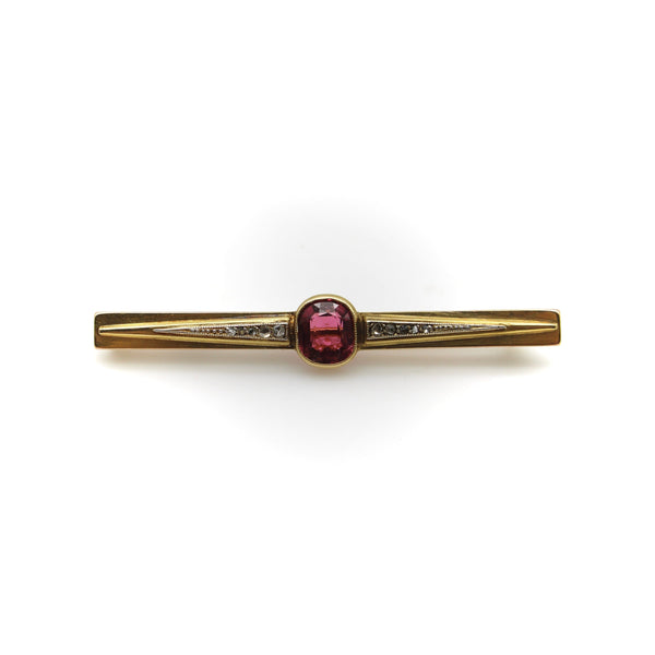 French 18K Gold Brooch with Bezel Set Tourmaline and Diamonds Brooches, Pins Kirsten's Corner 