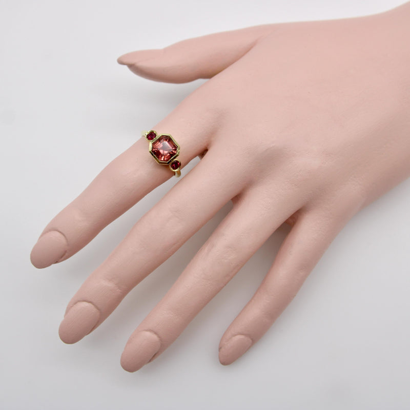 Signature 18K Gold Peach Tourmaline and Ruby Three-Stone Ring jewelry Kirsten's Corner 