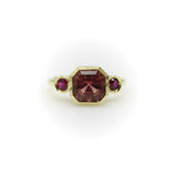 Signature 18K Gold Peach Tourmaline and Ruby Three-Stone Ring jewelry Kirsten's Corner 