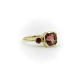 Signature 18K Gold Peach Tourmaline and Ruby Three-Stone Ring jewelry Kirsten's Corner 