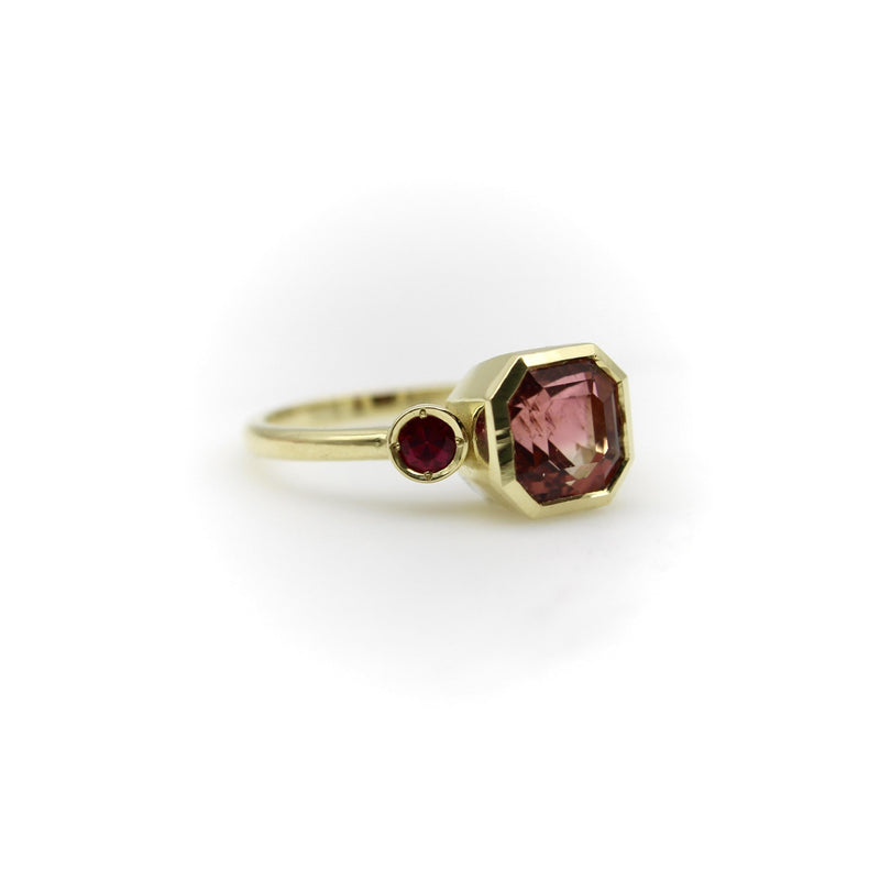 Signature 18K Gold Peach Tourmaline and Ruby Three-Stone Ring jewelry Kirsten's Corner 