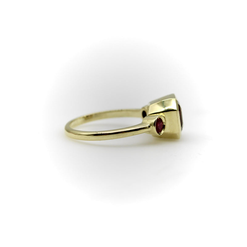 Signature 18K Gold Peach Tourmaline and Ruby Three-Stone Ring jewelry Kirsten's Corner 