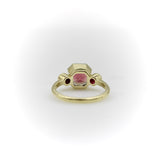 Signature 18K Gold Peach Tourmaline and Ruby Three-Stone Ring jewelry Kirsten's Corner 