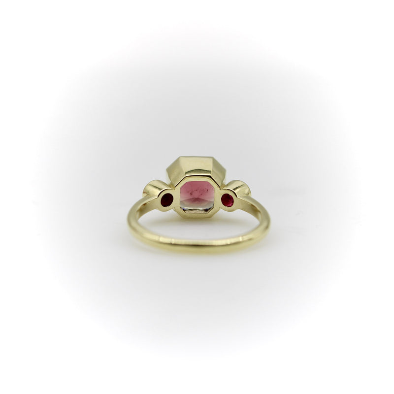 Signature 18K Gold Peach Tourmaline and Ruby Three-Stone Ring jewelry Kirsten's Corner 