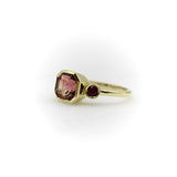 Signature 18K Gold Peach Tourmaline and Ruby Three-Stone Ring jewelry Kirsten's Corner 