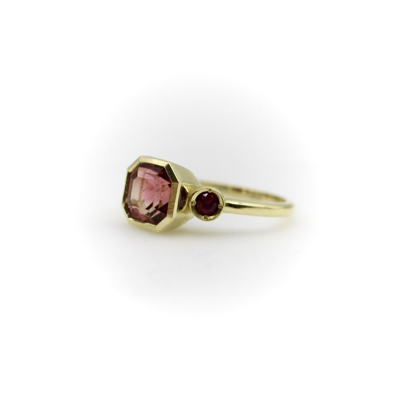 Signature 18K Gold Peach Tourmaline and Ruby Three-Stone Ring jewelry Kirsten's Corner 