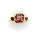Signature 18K Gold Peach Tourmaline and Ruby Three-Stone Ring jewelry Kirsten's Corner 