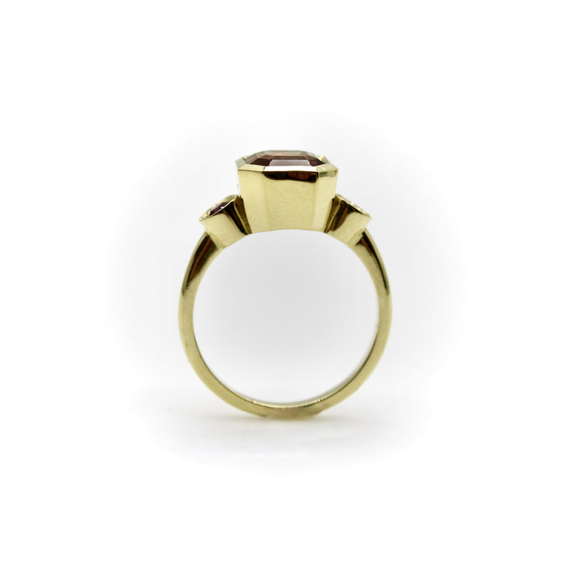 Signature 18K Gold Peach Tourmaline and Ruby Three-Stone Ring jewelry Kirsten's Corner 