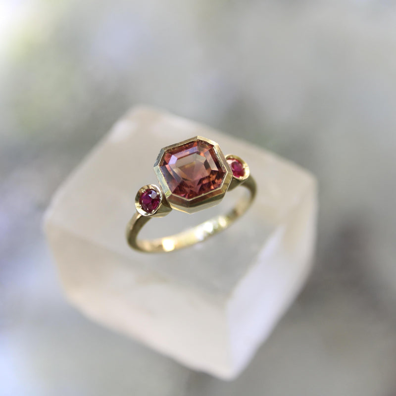 Signature 18K Gold Peach Tourmaline and Ruby Three-Stone Ring jewelry Kirsten's Corner 