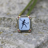 18K Gold Josephine Baker Banded Agate Signet Ring with Enamel and Rubies ring Kirsten's Corner 