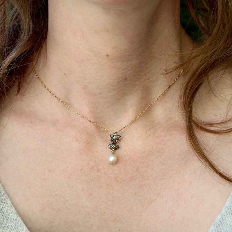 Victorian Silver and Diamond Flower Pendant with Pearl on 10K Gold Chain jewelry Kirsten's Corner 