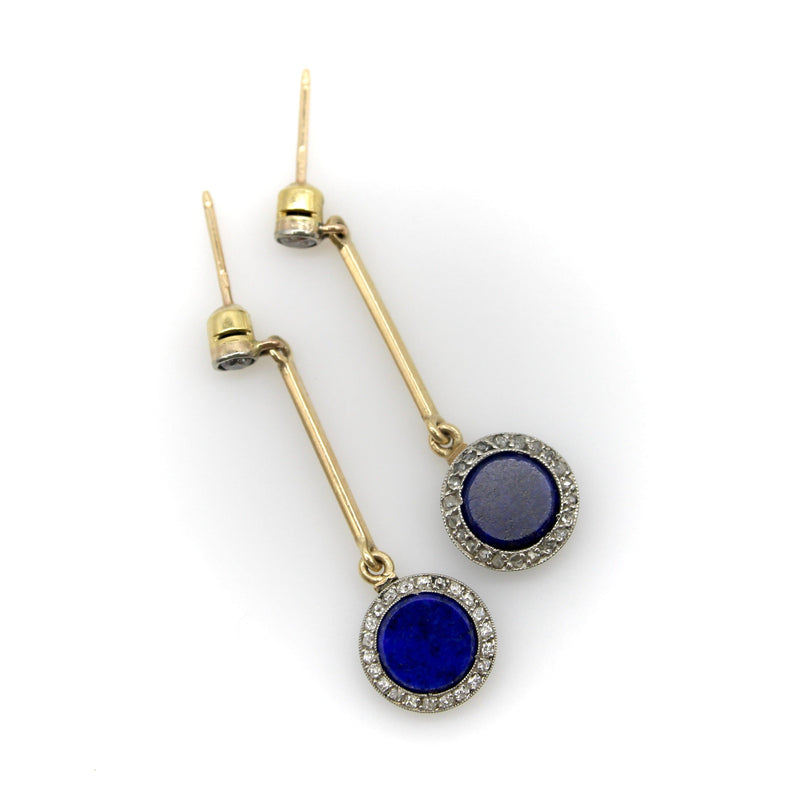 Art Deco 14K Gold and Platinum Diamond and Lapis Dangle Earrings jewelry Kirsten's Corner 