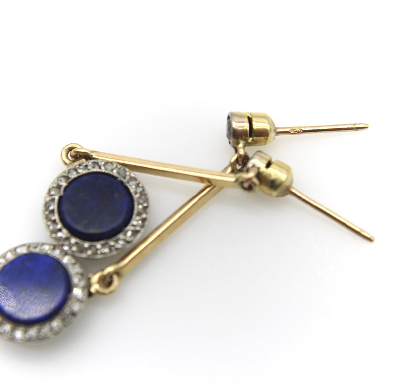 Art Deco 14K Gold and Platinum Diamond and Lapis Dangle Earrings jewelry Kirsten's Corner 