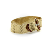 Retro 14K Gold Ruby and Diamond Buckle Bracelet with Brick Link Bracelet Kirsten's Corner 