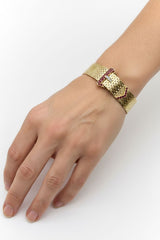 Retro 14K Gold Ruby and Diamond Buckle Bracelet with Brick Link Bracelet Kirsten's Corner 
