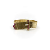 Retro 14K Gold Ruby and Diamond Buckle Bracelet with Brick Link Bracelet Kirsten's Corner 