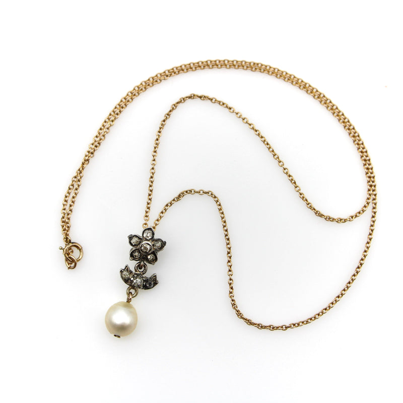 Victorian Silver and Diamond Flower Pendant with Pearl on 10K Gold Chain jewelry Kirsten's Corner 