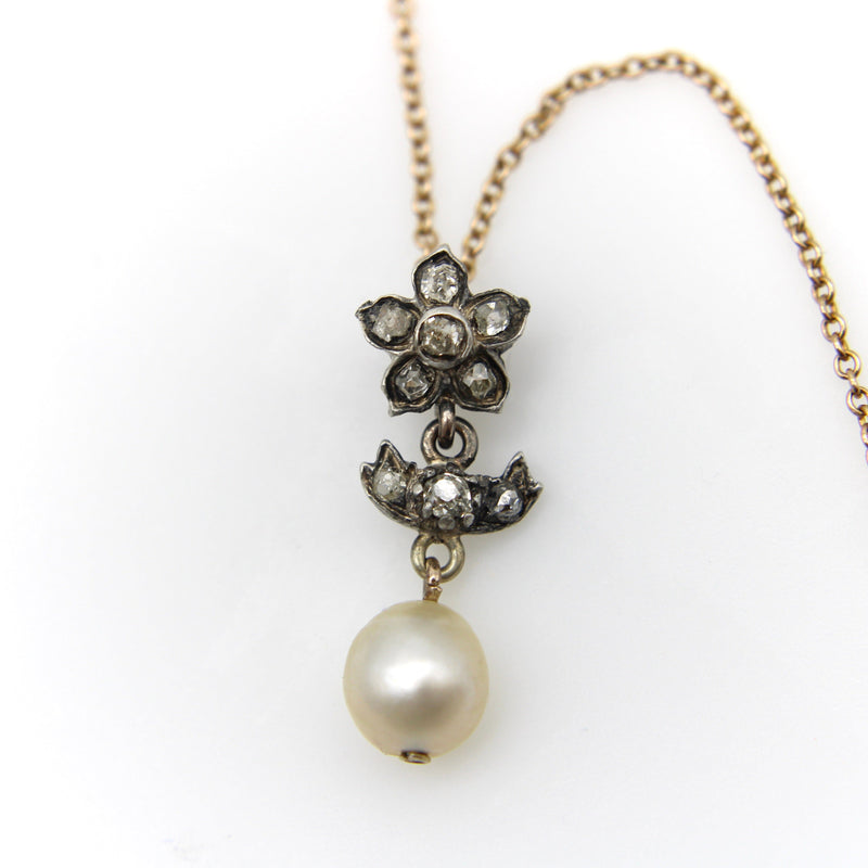 Victorian Silver and Diamond Flower Pendant with Pearl on 10K Gold Chain jewelry Kirsten's Corner 