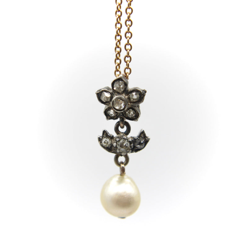 Victorian Silver and Diamond Flower Pendant with Pearl on 10K Gold Chain jewelry Kirsten's Corner 
