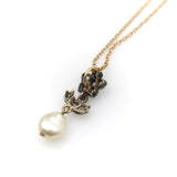 Victorian Silver and Diamond Flower Pendant with Pearl on 10K Gold Chain jewelry Kirsten's Corner 