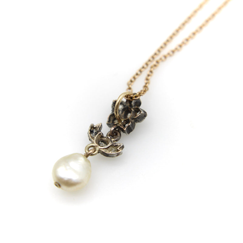 Victorian Silver and Diamond Flower Pendant with Pearl on 10K Gold Chain jewelry Kirsten's Corner 