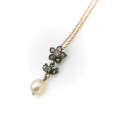 Victorian Silver and Diamond Flower Pendant with Pearl on 10K Gold Chain jewelry Kirsten's Corner 
