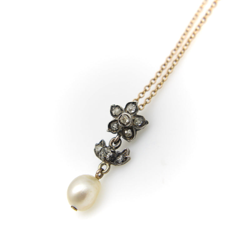 Victorian Silver and Diamond Flower Pendant with Pearl on 10K Gold Chain jewelry Kirsten's Corner 