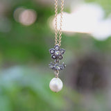 Victorian Silver and Diamond Flower Pendant with Pearl on 10K Gold Chain jewelry Kirsten's Corner 