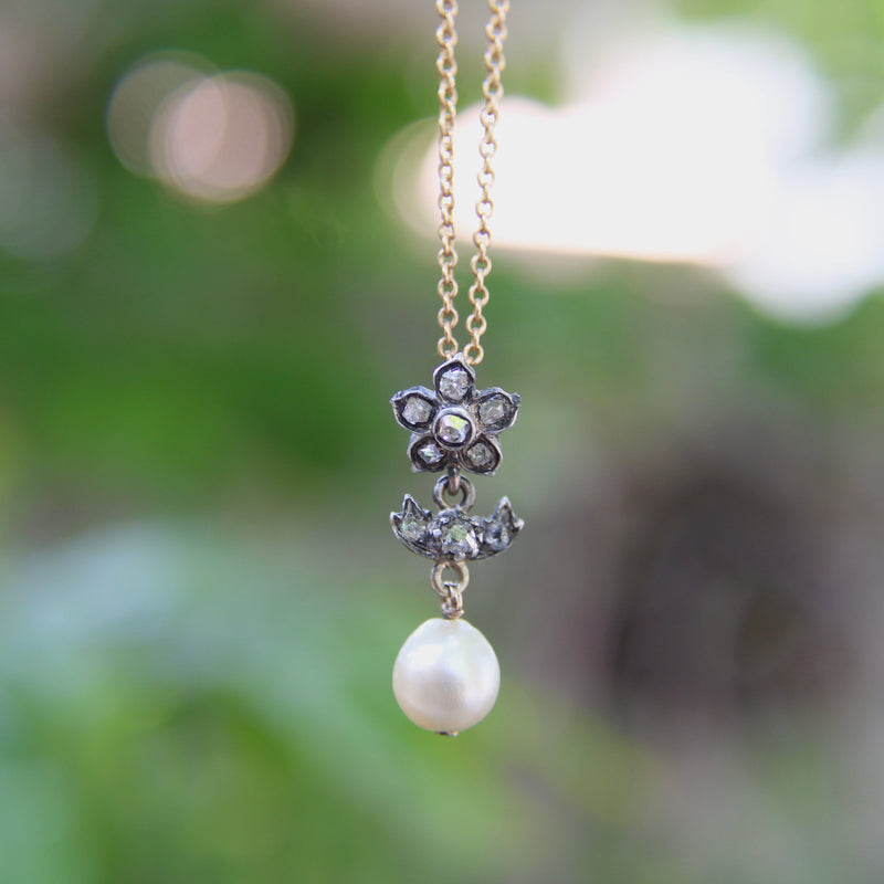 Victorian Silver and Diamond Flower Pendant with Pearl on 10K Gold Chain jewelry Kirsten's Corner 