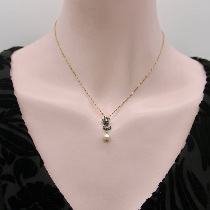 Victorian Silver and Diamond Flower Pendant with Pearl on 10K Gold Chain jewelry Kirsten's Corner 