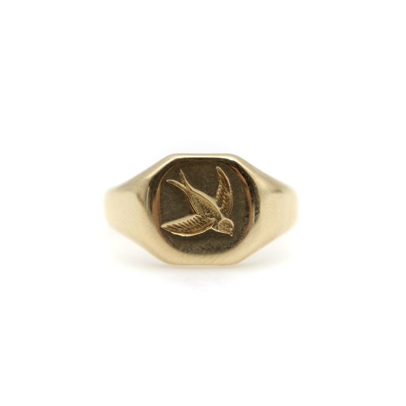 18K Gold Art Deco Signet Ring with Intaglio of Swallows jewelry Kirsten's Corner 