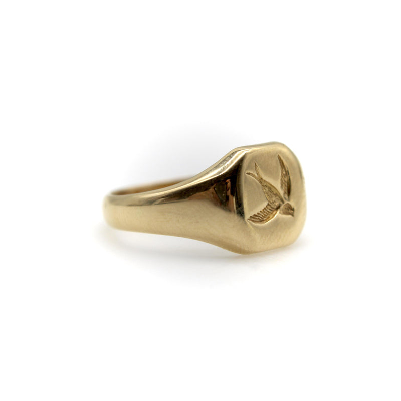 18K Gold Art Deco Signet Ring with Intaglio of Swallows jewelry Kirsten's Corner 