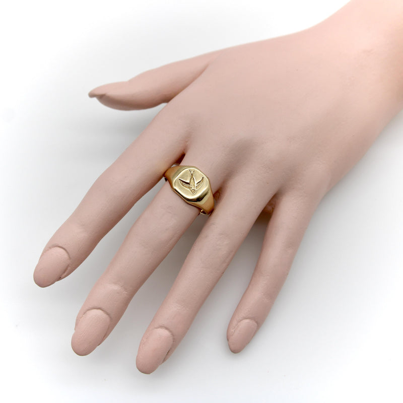 18K Gold Art Deco Signet Ring with Intaglio of Swallows jewelry Kirsten's Corner 