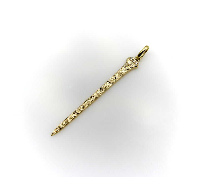 14K Gold Hand Engraved Lucky Nail Pendant with Diamonds Pendant, Charm Kirsten's Corner 