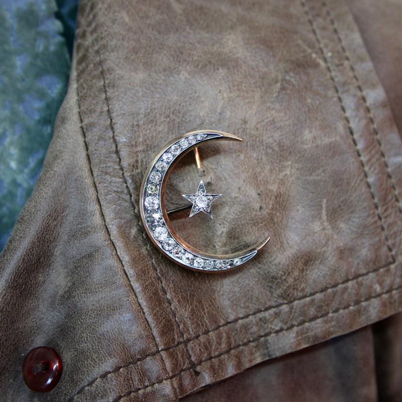 14K Gold Victorian Crescent Moon and Star Convertible Pendant Brooch Pendant, Charm Kirsten's Corner 