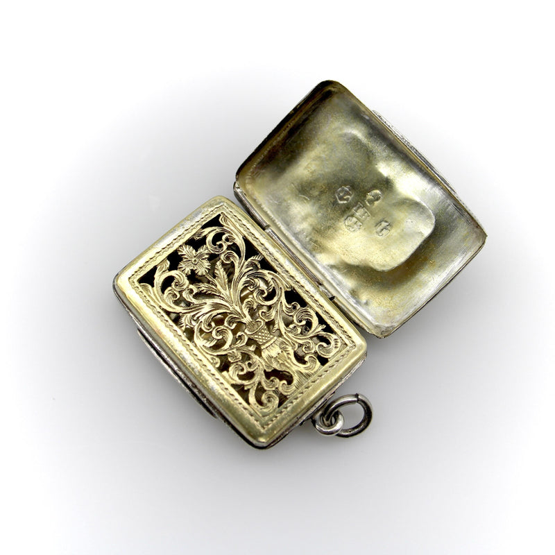 Sterling Silver Georgian Rectangular Vinaigrette with Bas Relief Clover Objects of Vertu Kirsten's Corner 